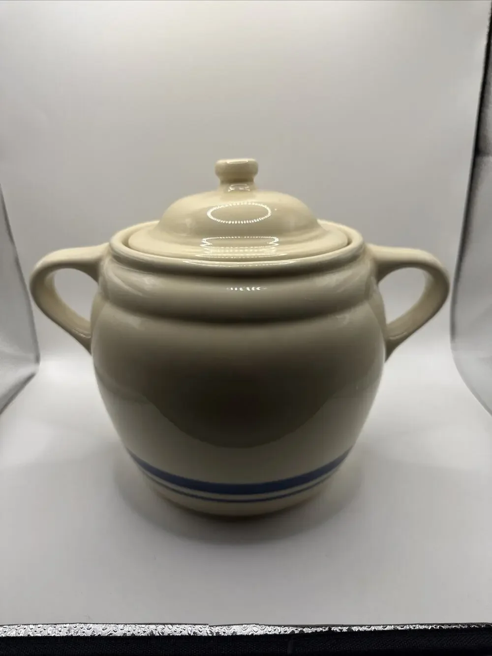 Vtg Roseville Friendship Pottery Bean Crock Pot / Cookie Jar 3 Qt. Blue Stripe